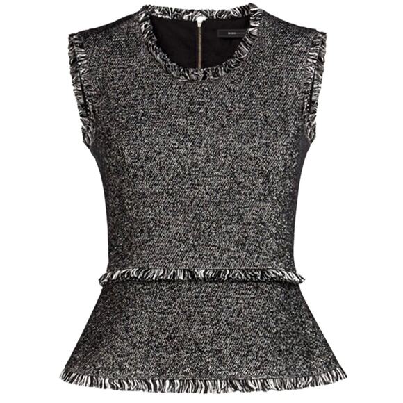 BCBGMAXAZRIA Ruffle Zip Up Marbled Fringe Black Vest Top Shirt – Large - Picture 2 of 15